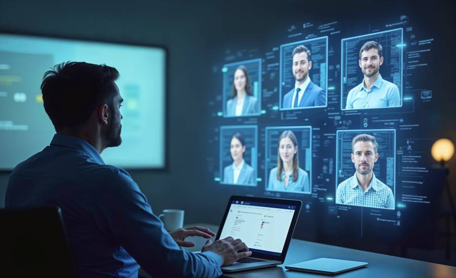 Man using a laptop to review virtual profiles of job candidates displayed on a high-tech AI interface screen.