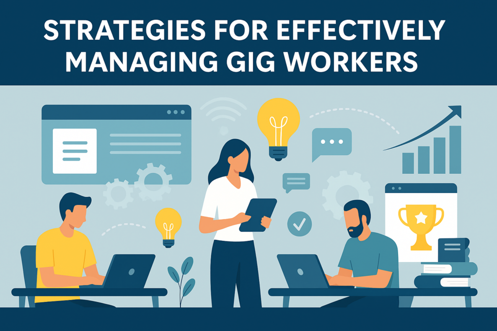 Flat-style digital illustration showing HR strategies for managing gig workers effectively through collaboration, contracts, and recognition.