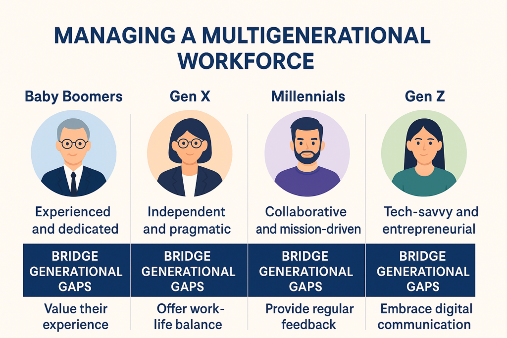 Infographic depicting effective strategies for managing a multi-generational workforce, featuring characteristics of Baby Boomers, Gen X, Millennials, and Gen Z, with visuals illustrating communication styles, technology use, and collaboration techniques.