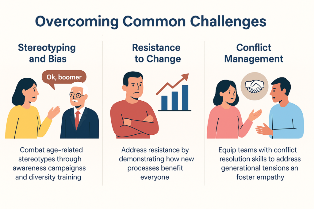 Illustration of a diverse office team overcoming generational challenges, depicting concepts like breaking stereotypes, embracing change, and managing conflicts with symbols and teamwork visuals.