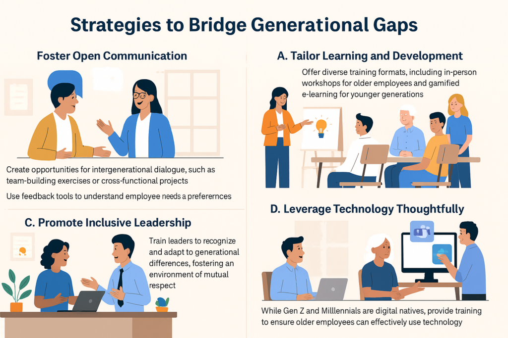 Infographic depicting strategies to bridge generational gaps in the workplace, including fostering open communication, tailoring learning and development, promoting inclusive leadership, and leveraging technology to support collaboration across Baby Boomers, Gen X, Millennials, and Gen Z.