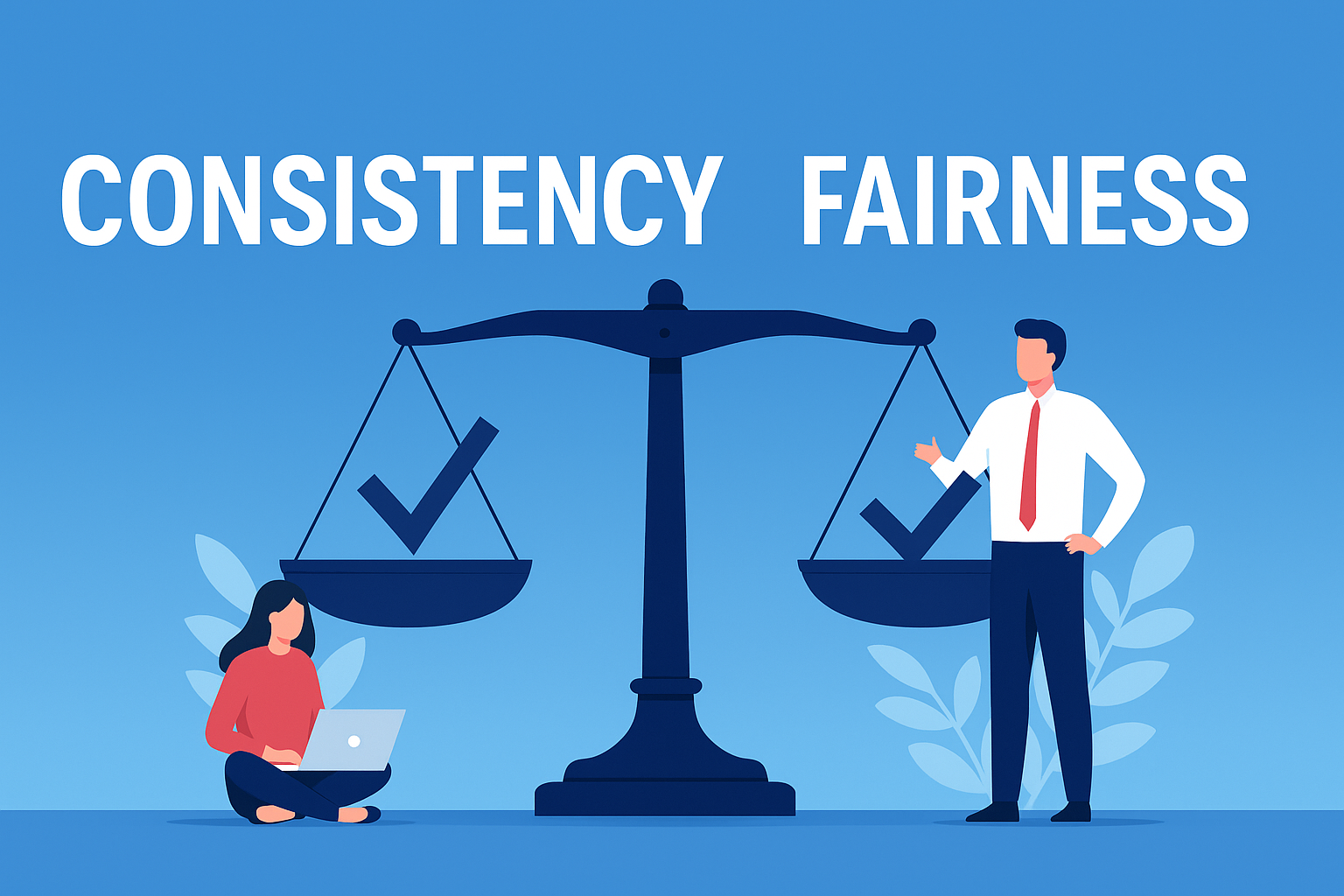Visual representation of the principles of consistency and fairness in the workplace, symbolized by balanced scales and diverse team members, reinforcing equal treatment and impartial decision-making.