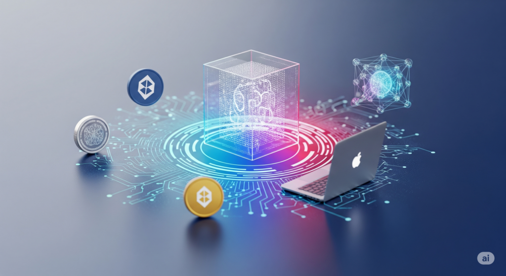 Interconnected network representing blockchain, quantum computing, and the metaverse.