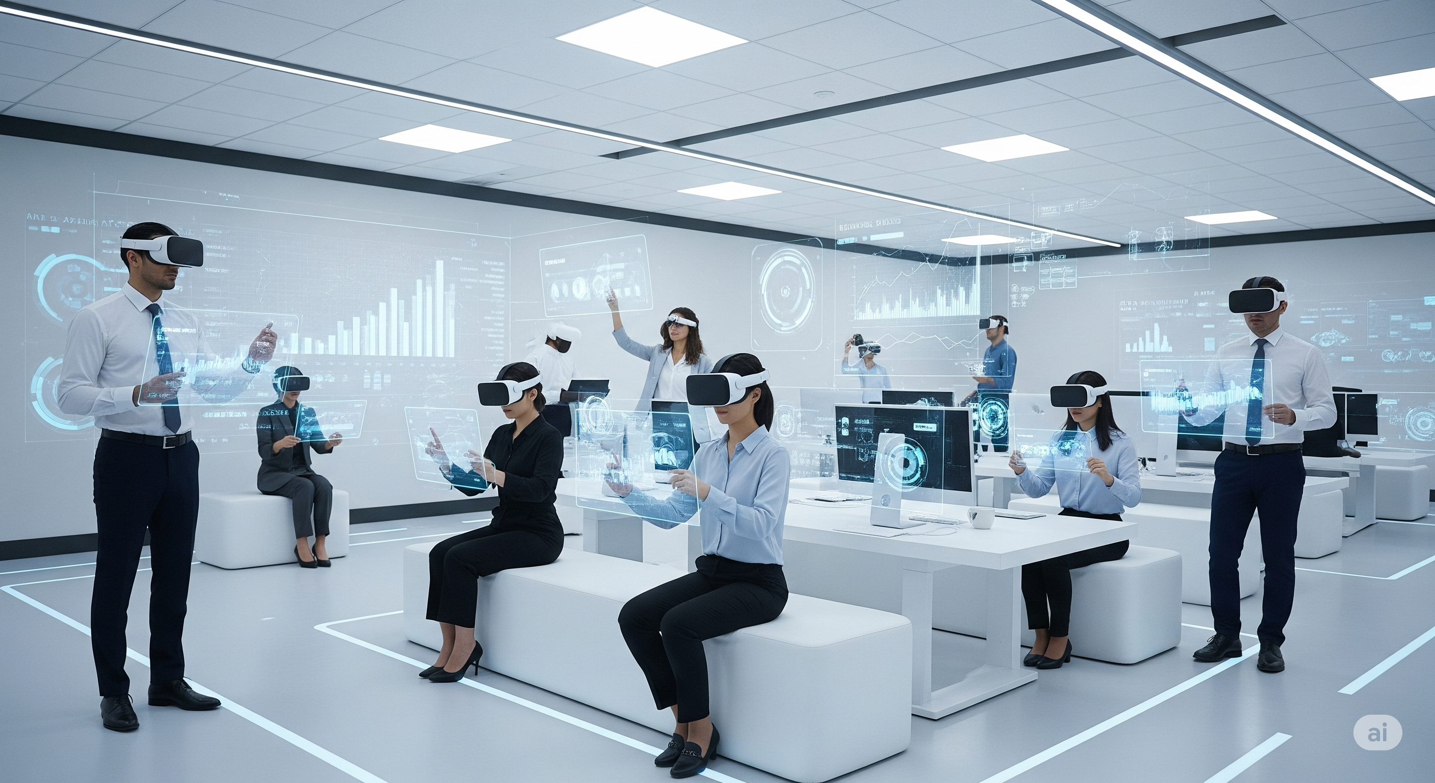 People wearing VR headsets interacting with holographic data in a future virtual office environment.