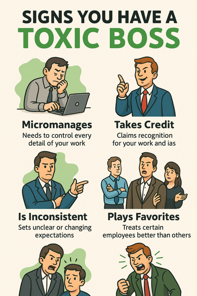 A digital infographic titled "Signs You Have a Toxic Boss" visually presenting common indicators of toxic leadership, such as micromanagement, blame-shifting, favoritism, and poor communication, using clear icons and brief descriptions in a clean layout.