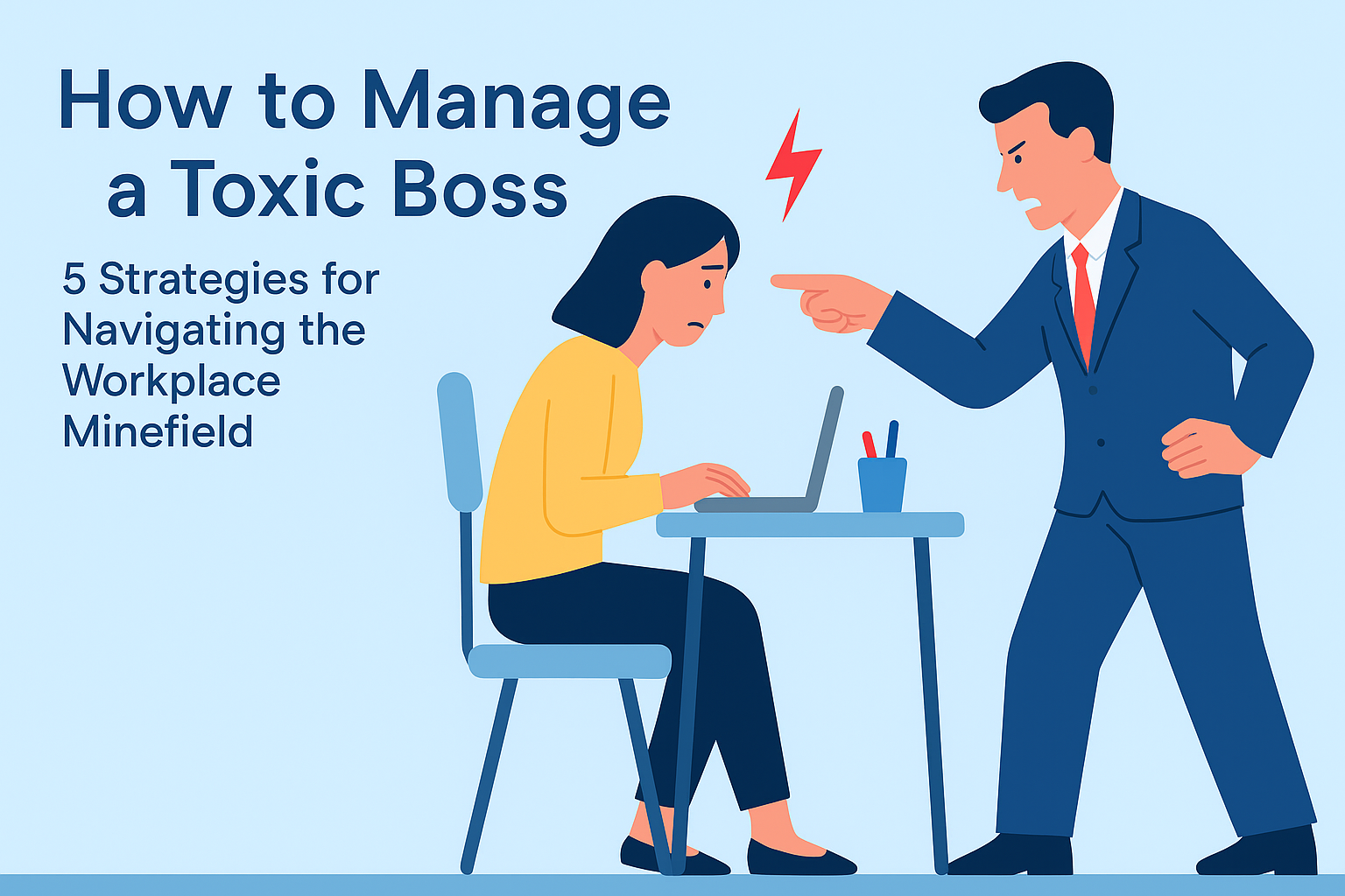 A digital illustration of an employee maintaining calm and focus while facing a stern boss in a tense office setting, symbolizing strategies for managing a toxic work environment.
