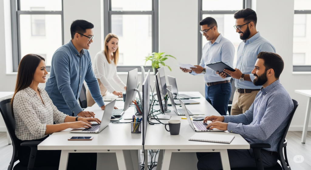 Manager-employees comfortably discussing ideas and challenges in an open and collaborative workplace environment.